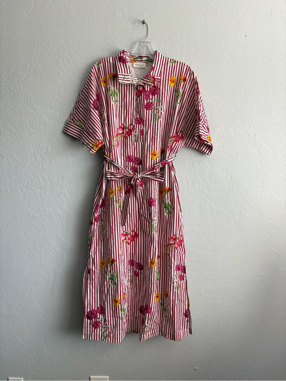 ❤️NEW entro Striped Pink Floral Tie-Waist Shirt Dress